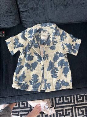 OAS Cream and Blue Short-Sleeve Button-Front Kids Shirt